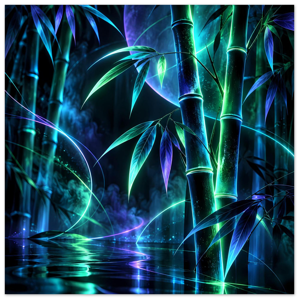 Leuchtendes Neon-Bambusposter mit grünen und blauen Bambusstäben, Neonringen und Reflexion