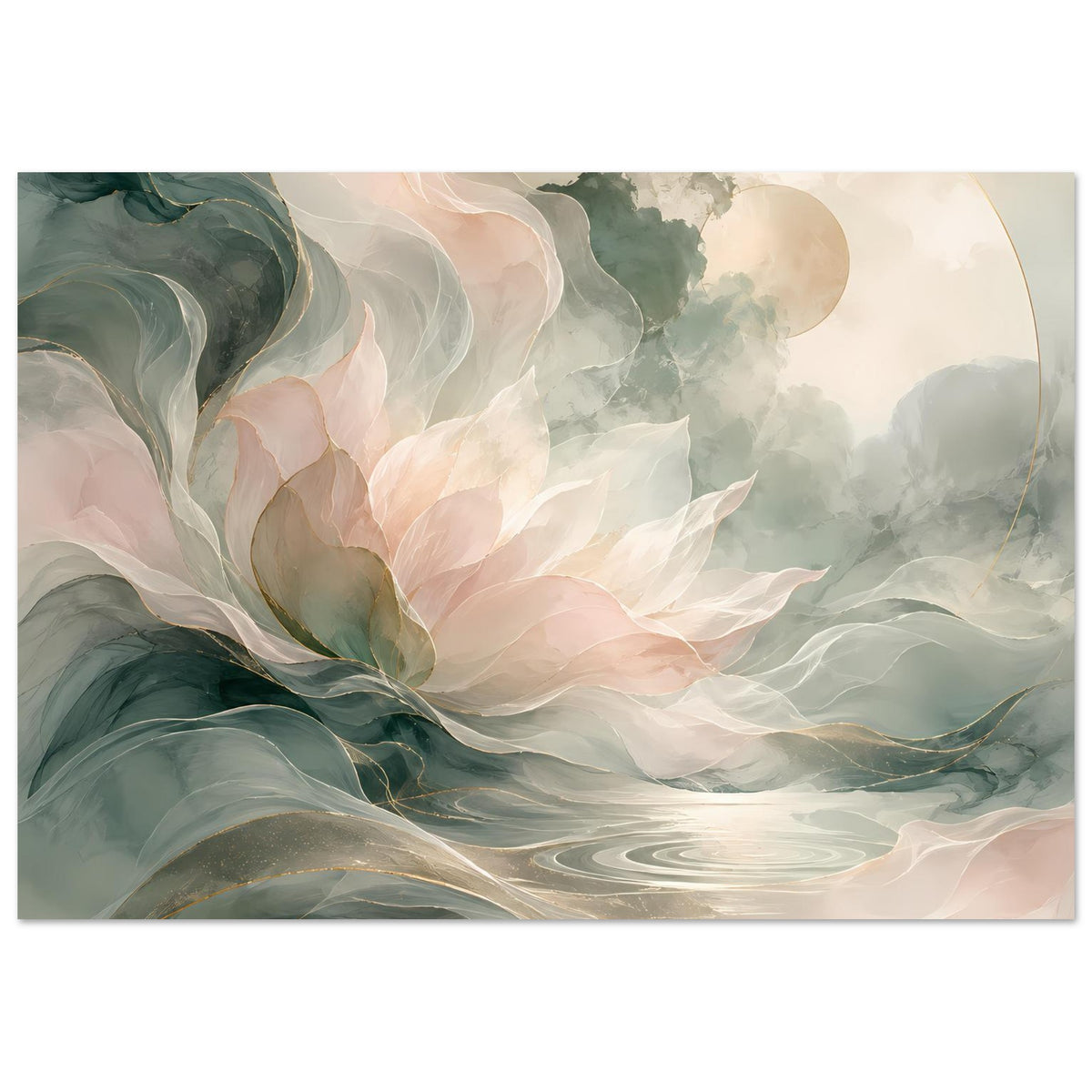 Abstraktes Blumenposter mit pastellfarbenen Blüten und grüner Wasseroptik, horizontales Motiv
