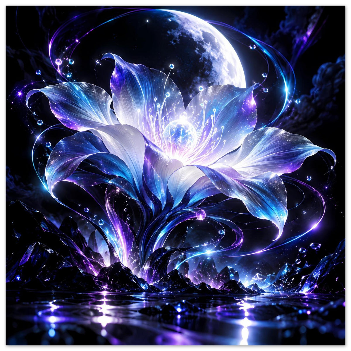 Poster, quer: großer Mond über blauen/violetten Blütenstrahlen und schimmernden Partikeln.