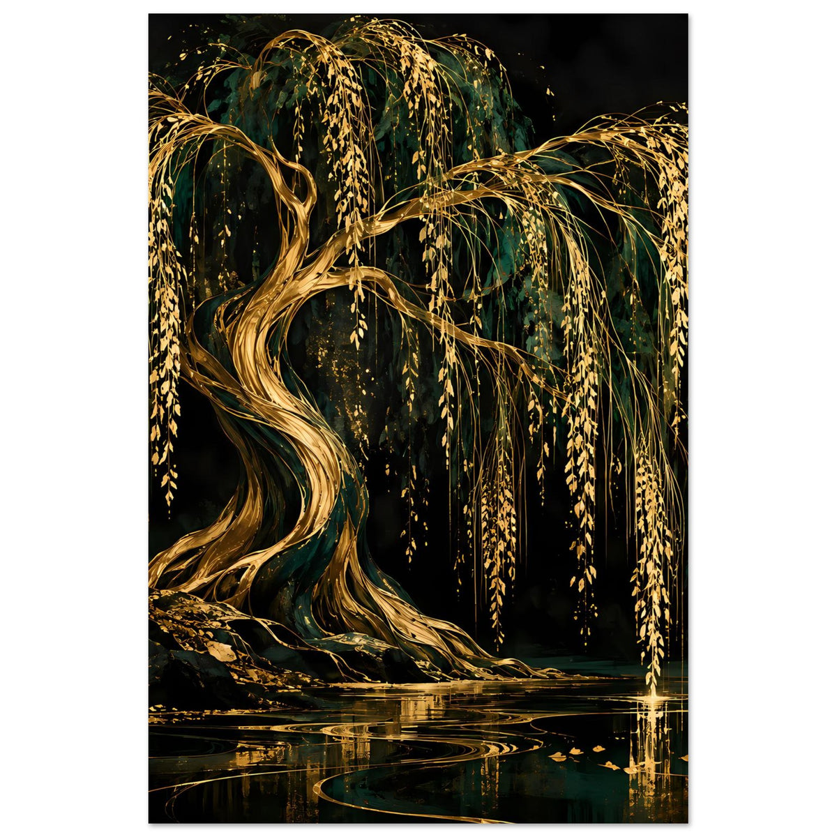 Wandposter im Hochformat mit goldenen Weidenzweigen und spiegelndem Wasser