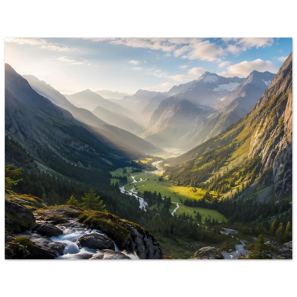 Landschafts-Poster mit Gebirgsbach, Wiesenhang und Bergen, Querformat