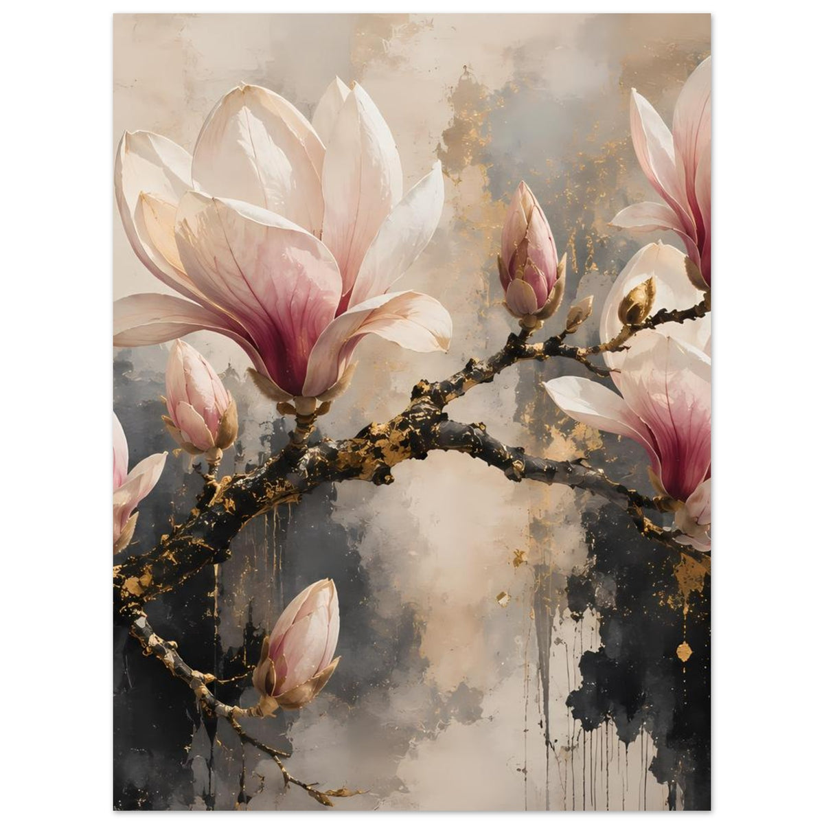 Magnolienblüten-Poster mit goldfarbenen Zweigen und rosa-weißen Blüten, abstraktem Farbverlauf.