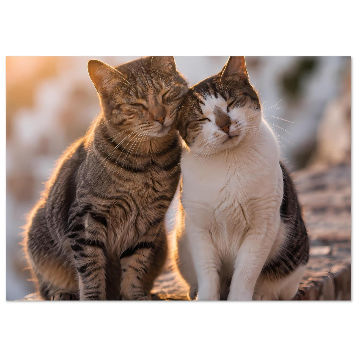 Poster: zwei Katzen im Kuschelbild, braun getigert links, weiß rechts, ruhige Mimik