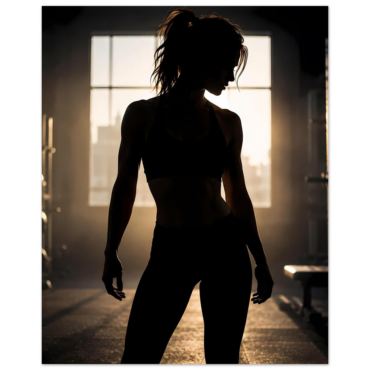 Sportposter im Hochformat: dunkle Silhouette einer Athletin mit hängenden Armen