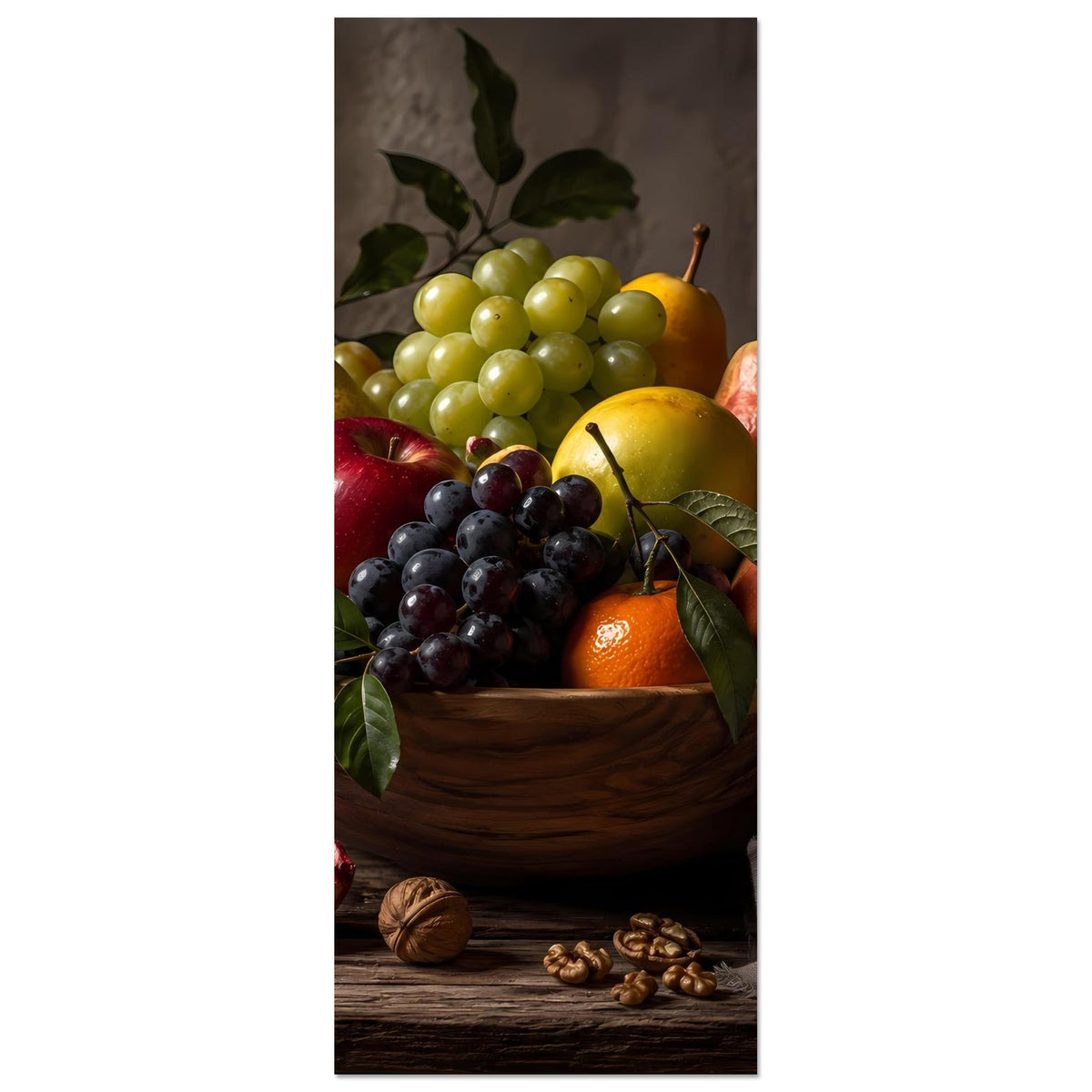 Poster mit Obstkorb: Weintrauben, Äpfel, Birne und weitere Früchte in Holzschale