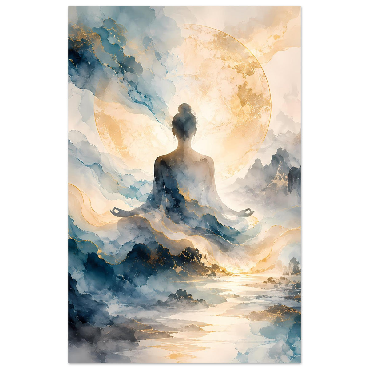 Hochformat-Zen-Poster: sitzende Silhouette im goldenen Mond, Landschaft aus blauen Wolken