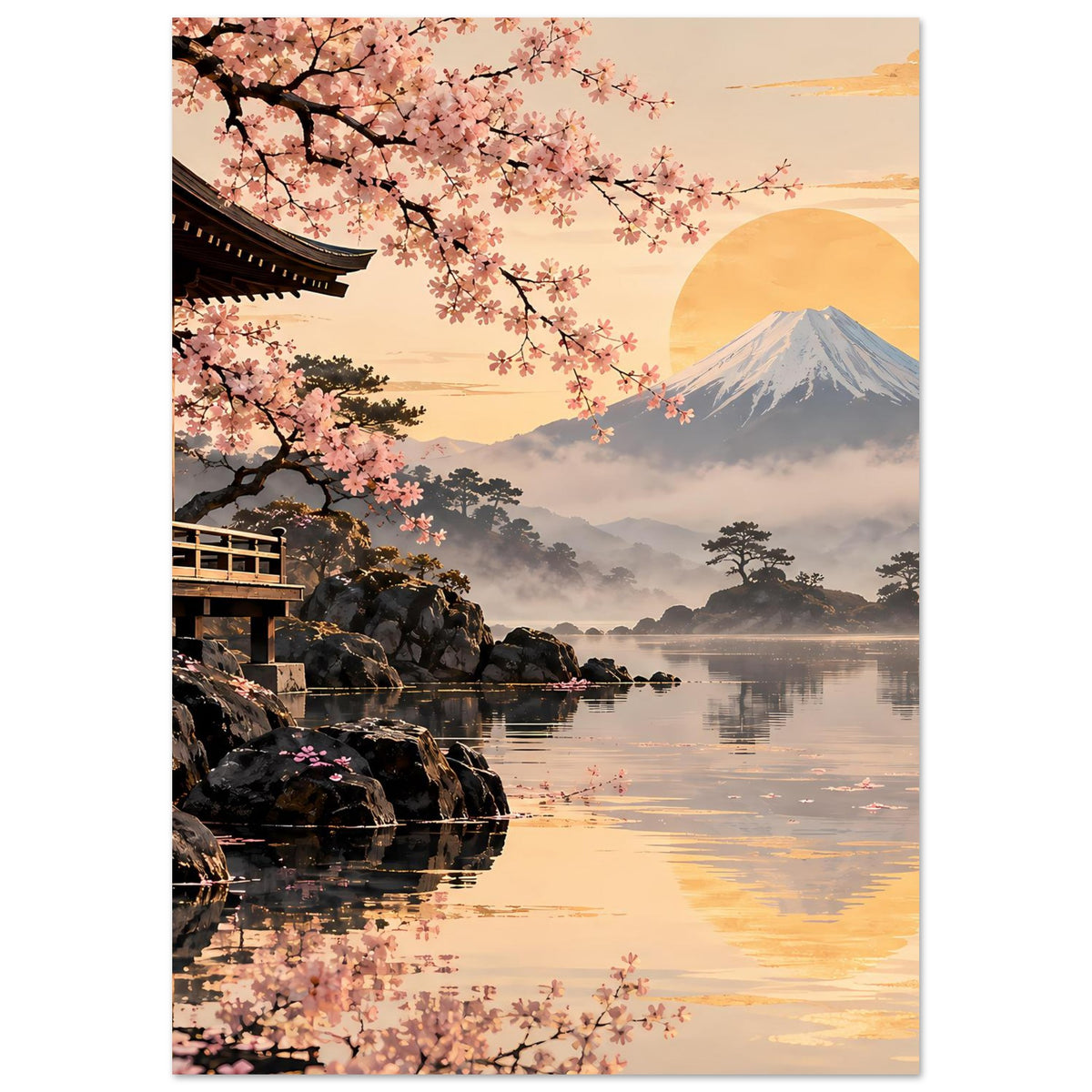 Vertikales Poster mit Kirschblüten, Sonne hinter Fuji und Ufer am See, gerahmt