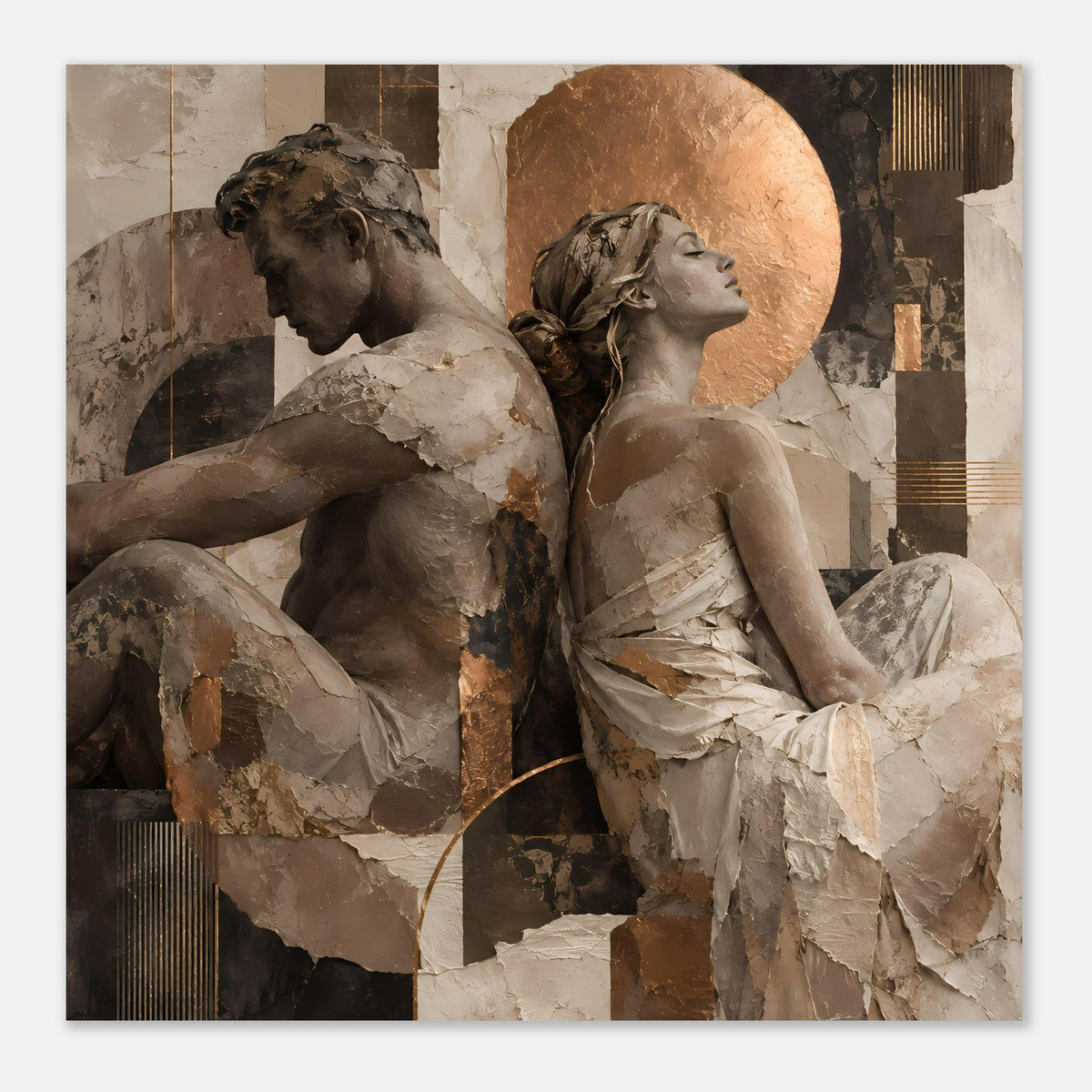 Kunstposter: sitzende Mann-und-Frau-Skulpturen, beige-braune Flächen und goldener Kreis