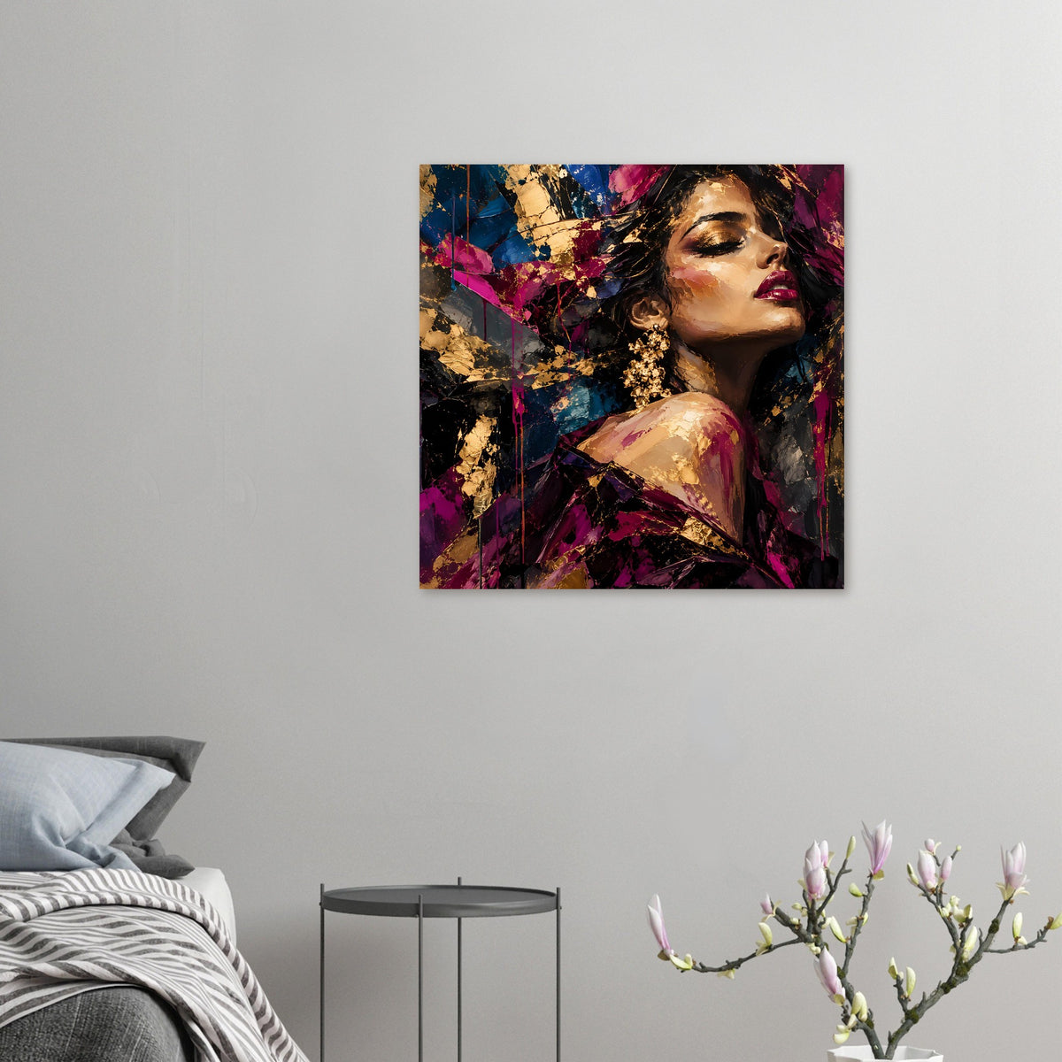 Kleines Poster mit Frauenporträt-Kunst: Profilansicht, goldene Ohrringe, Blau-Magenta-Motive