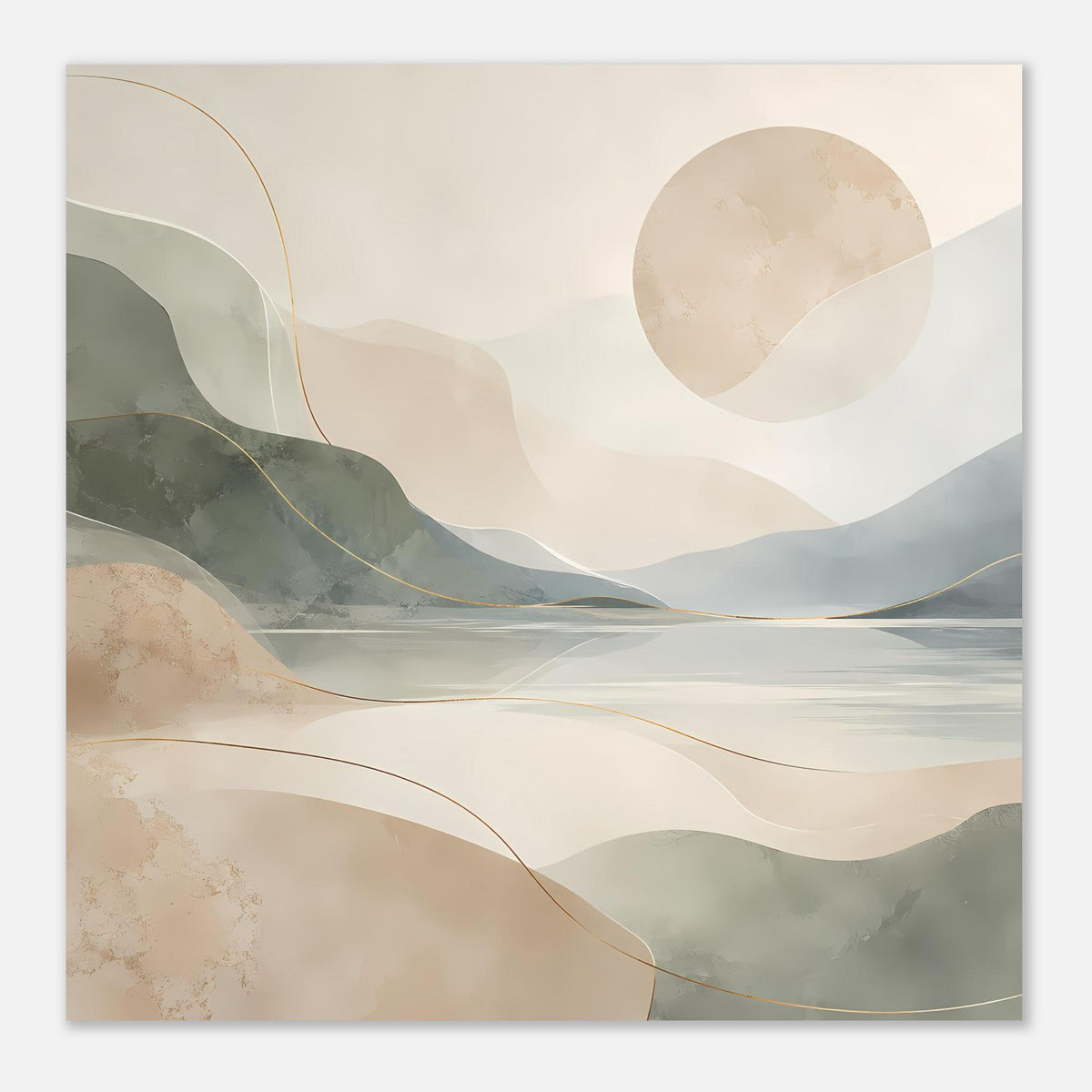 Abstraktes Poster, enger Bildausschnitt: See und Berge in Beige, goldene Linien