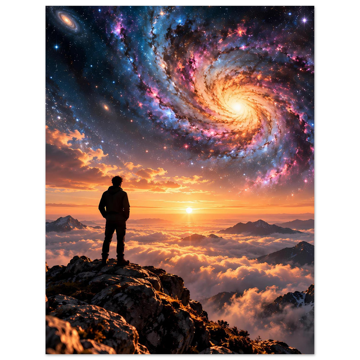 Vertikales Poster mit Spiralgalaxie, Wolkenmeer und Sonnenuntergang; stehende Person im Vordergrund