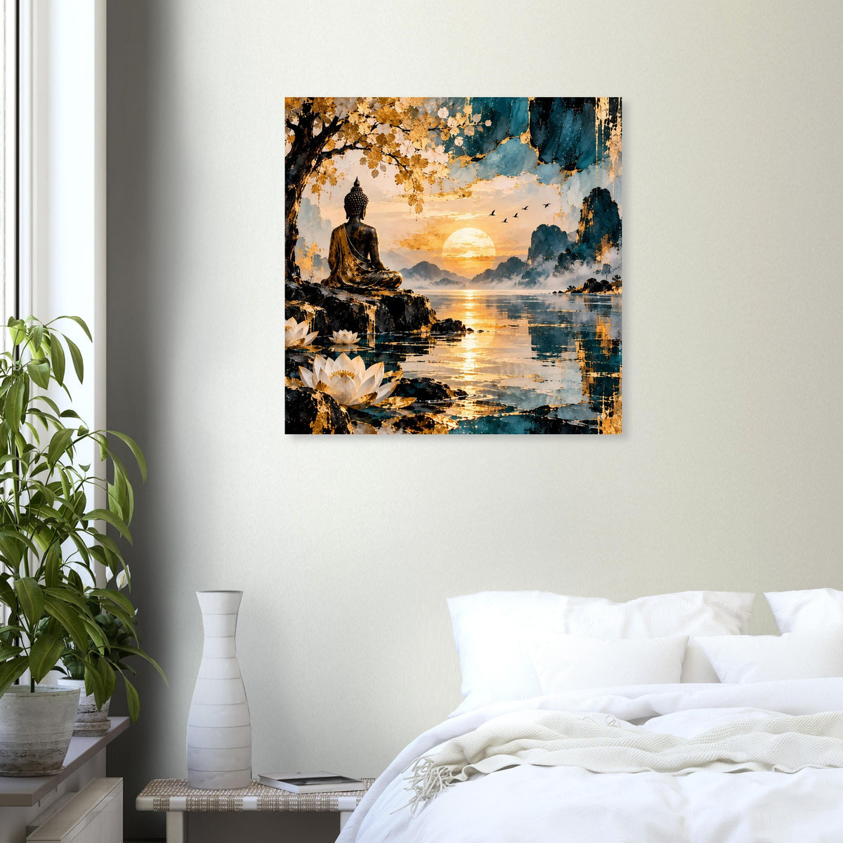 Poster mit sitzendem Buddha am Ufer, Spiegelung im Wasser und Himmel in Gold- und Blautönen.