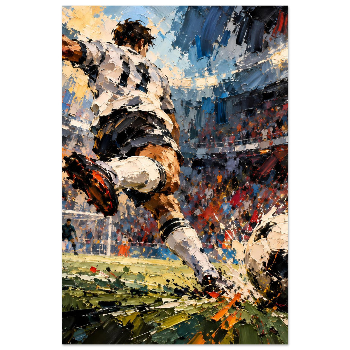 Fußball-Actionposter: Stürmer-Schuss in Spritzfarben, Blau, Schwarz, Orange