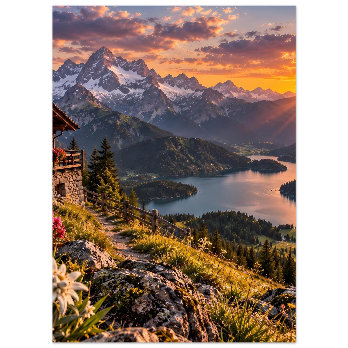 Landschaftsposter mit Alpenhang bei Sonnenuntergang, Holzhaus, Blumen am Weg und See im Tal.