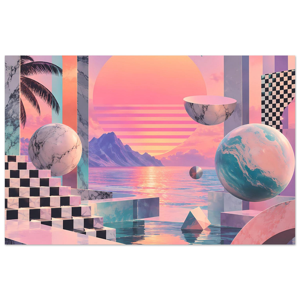 Horizontales Surreal-Poster mit Sonnenkreis, Meerblick und schwebenden Planeten