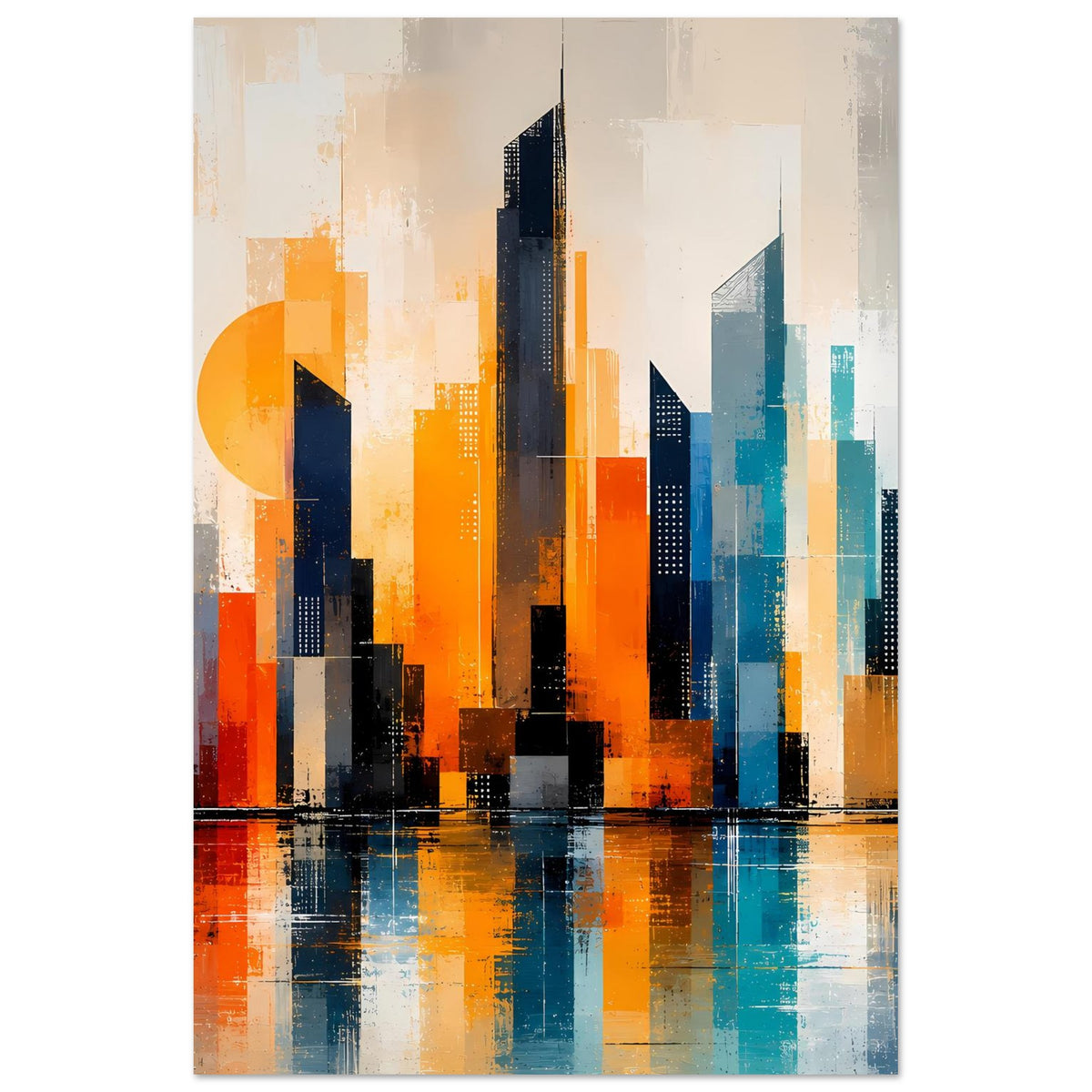 Abstraktes Skyline-Wandbild mit orangefarbenem und türkisfarbenem Stadtbild