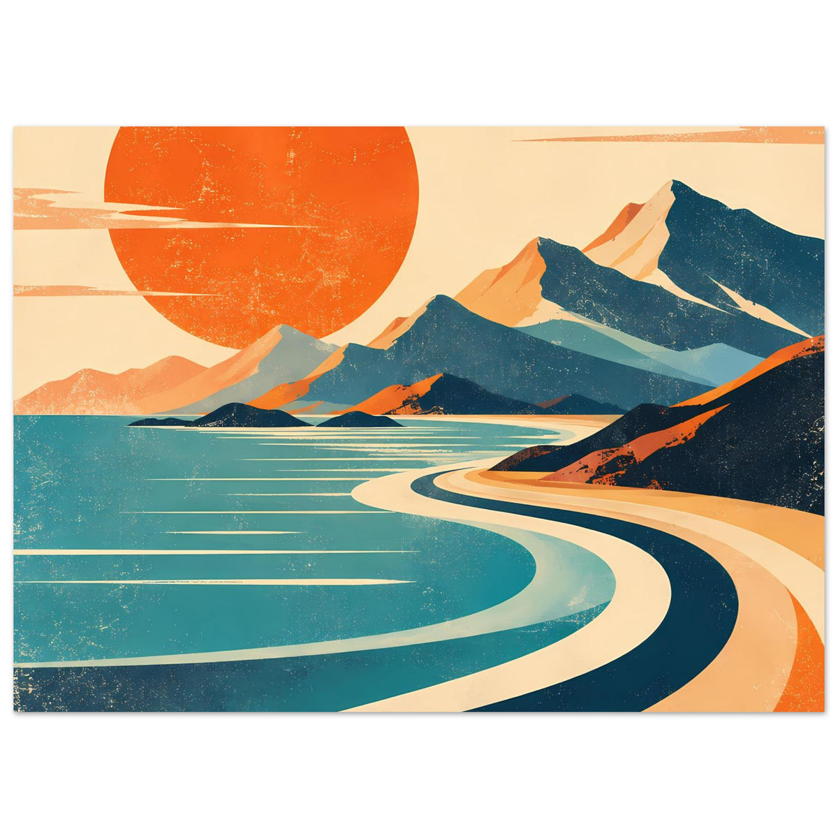 Vintage-Poster im Querformat: orange Sonne, blaue Berge, türkisblaues Wasser und rote Akzente