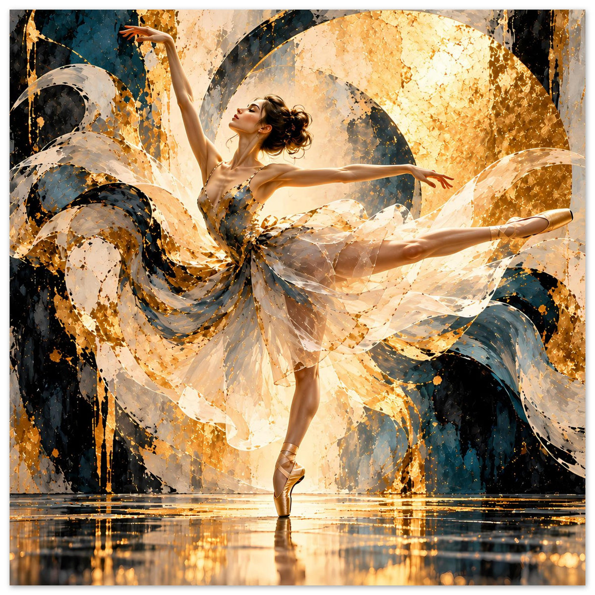 Ballettposter: tanzende Ballerina im beigen, goldenen Kleid, abstraktes Blau-Gold-Muster