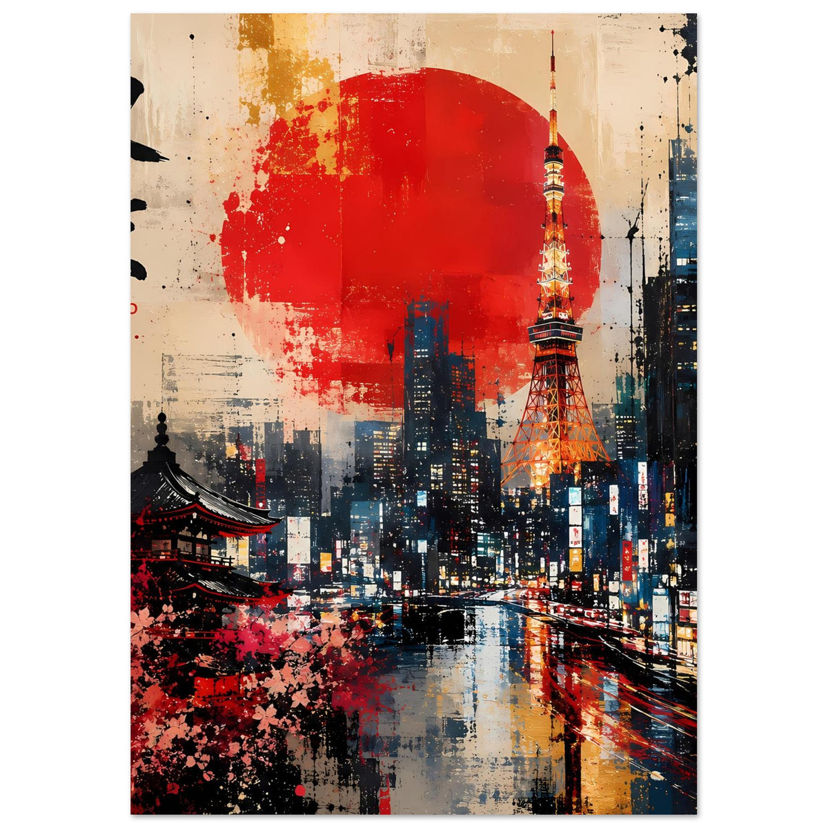 Abstraktes Poster mit Tokyo-Skyline, roter Sonne, beleuchtetem Tokyo Tower