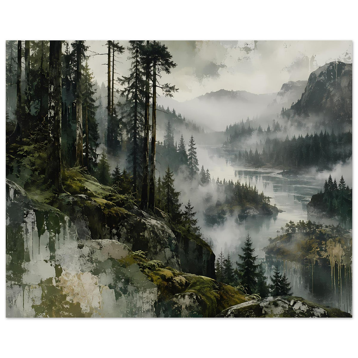 Landschafts-Wandposter mit dichtem Tannenwald, Nebel und ruhigem Gewässer