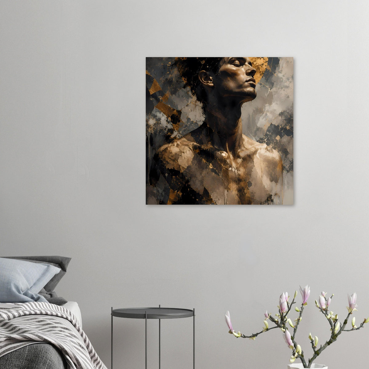 Abstraktes Männerporträt-Poster im Hochformat mit goldbraunen Sprenkeln und dunklen Schatten