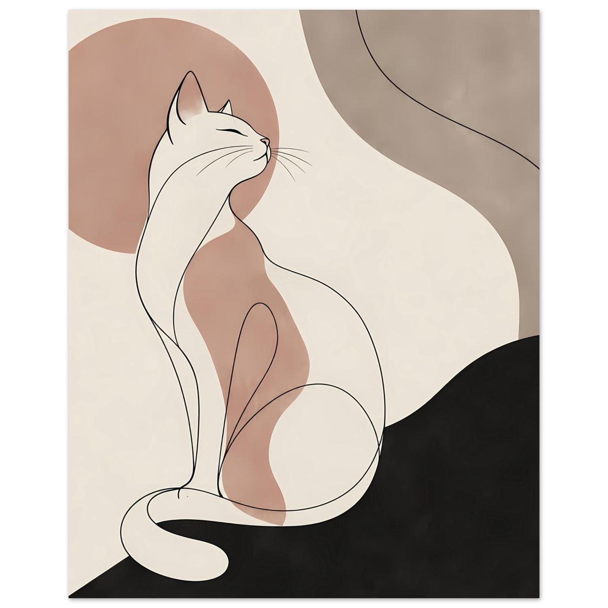 Minimalistisches Katzenposter mit sitzender Katzen-Silhouette in Erdtönen