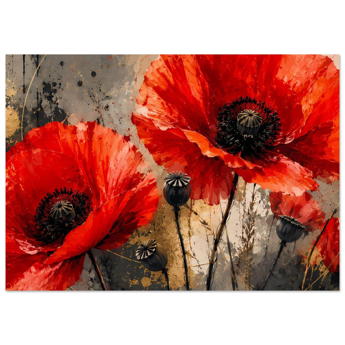 Horizontales Kunstposter mit roten Mohnblumen und schwarzen Blütenkernen, klarer Fokus