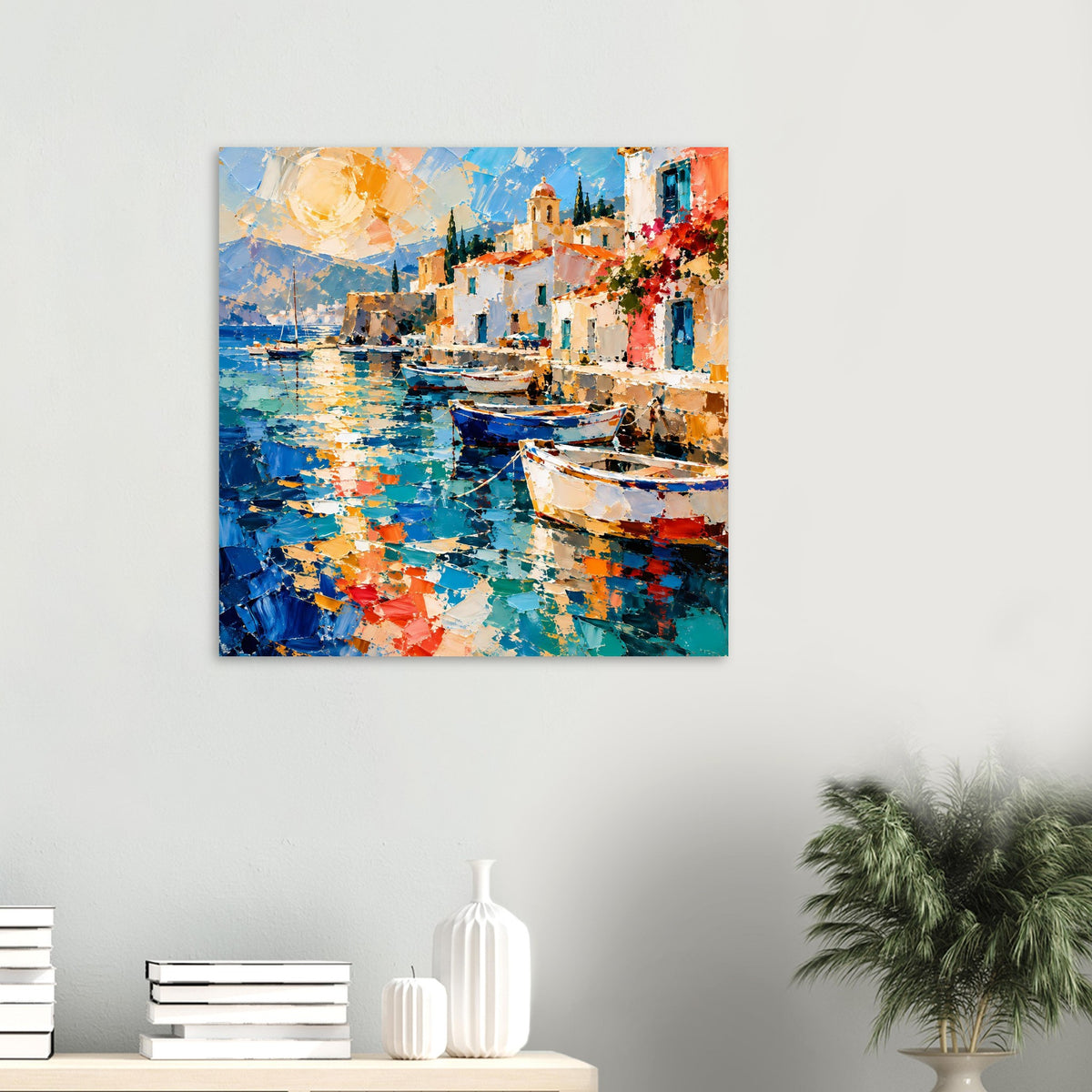 Bunte Fischerboote auf blauem Wasser im mediterranen Hafen – Posteransicht 49