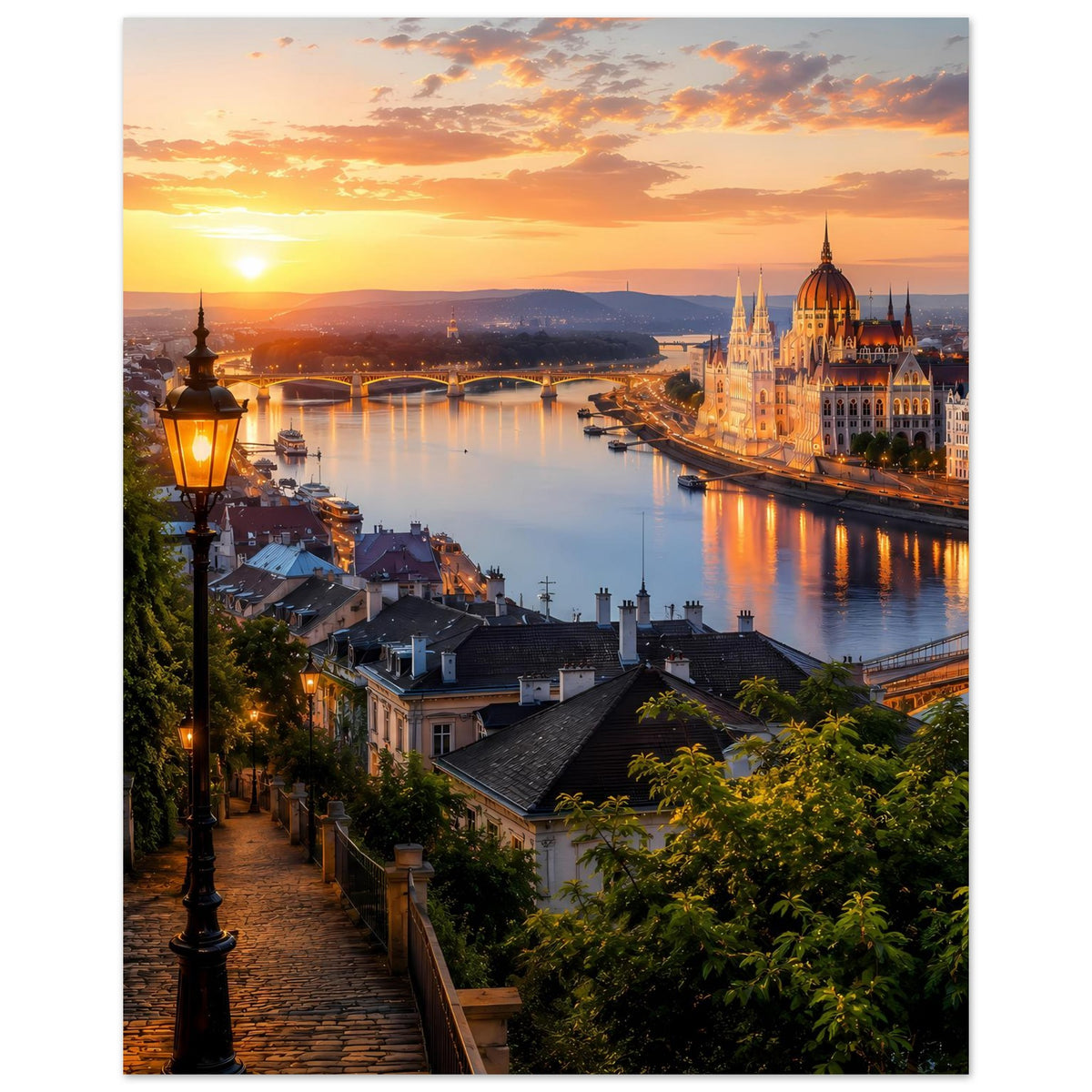 Vertikales Cityscape-Poster mit Sonnenuntergangslicht, Fluss, Brücke und Dom an der Uferseite