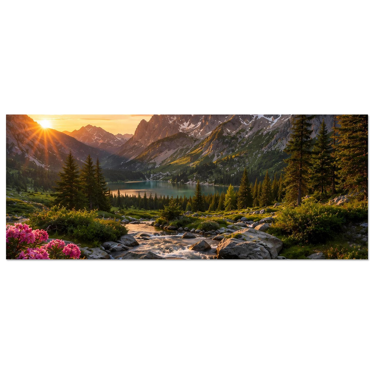 Querformatiges Landschafts-Poster: Sonnenuntergang über Bergen, See, Fluss und Fichten