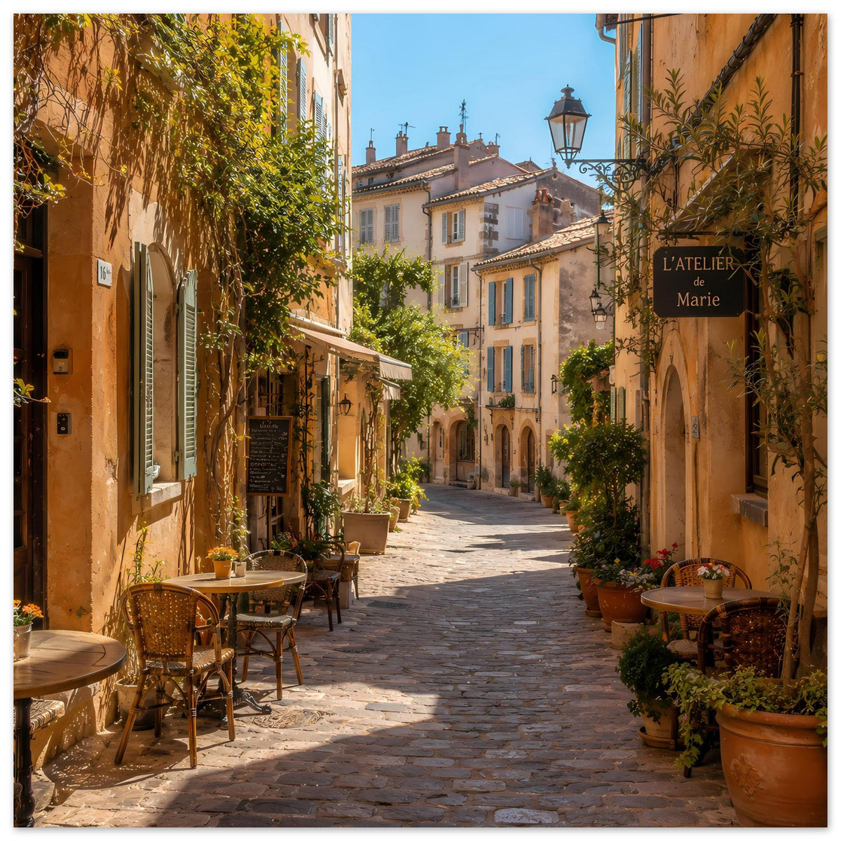 Poster mit mediterraner Gasse, historischen Häusern und Café-Tischen, vertikal