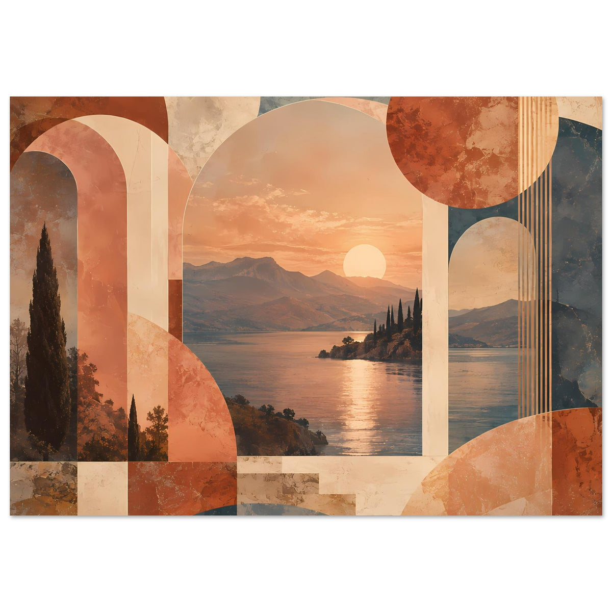 Abstraktes Poster mit Sonnenuntergang, warmen Erdtönen, geometrischen Bögen und Kreisen