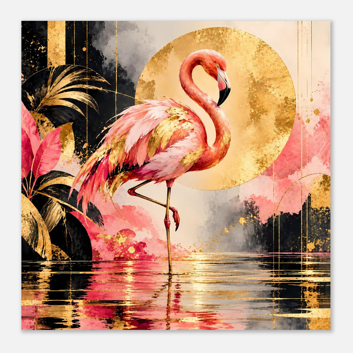 Flamingo-Tierposter: rosa Flamingo mit goldenen Akzenten, abstrakte Skyline und Wasserfläche
