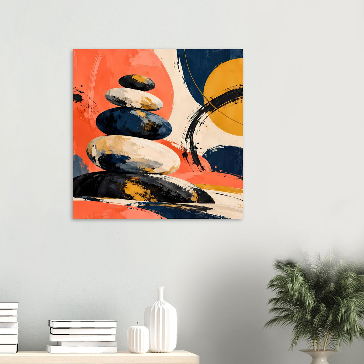 Kleines Poster mit Zen-Stein-Stapel in Orange, Dunkelblau und Gelb