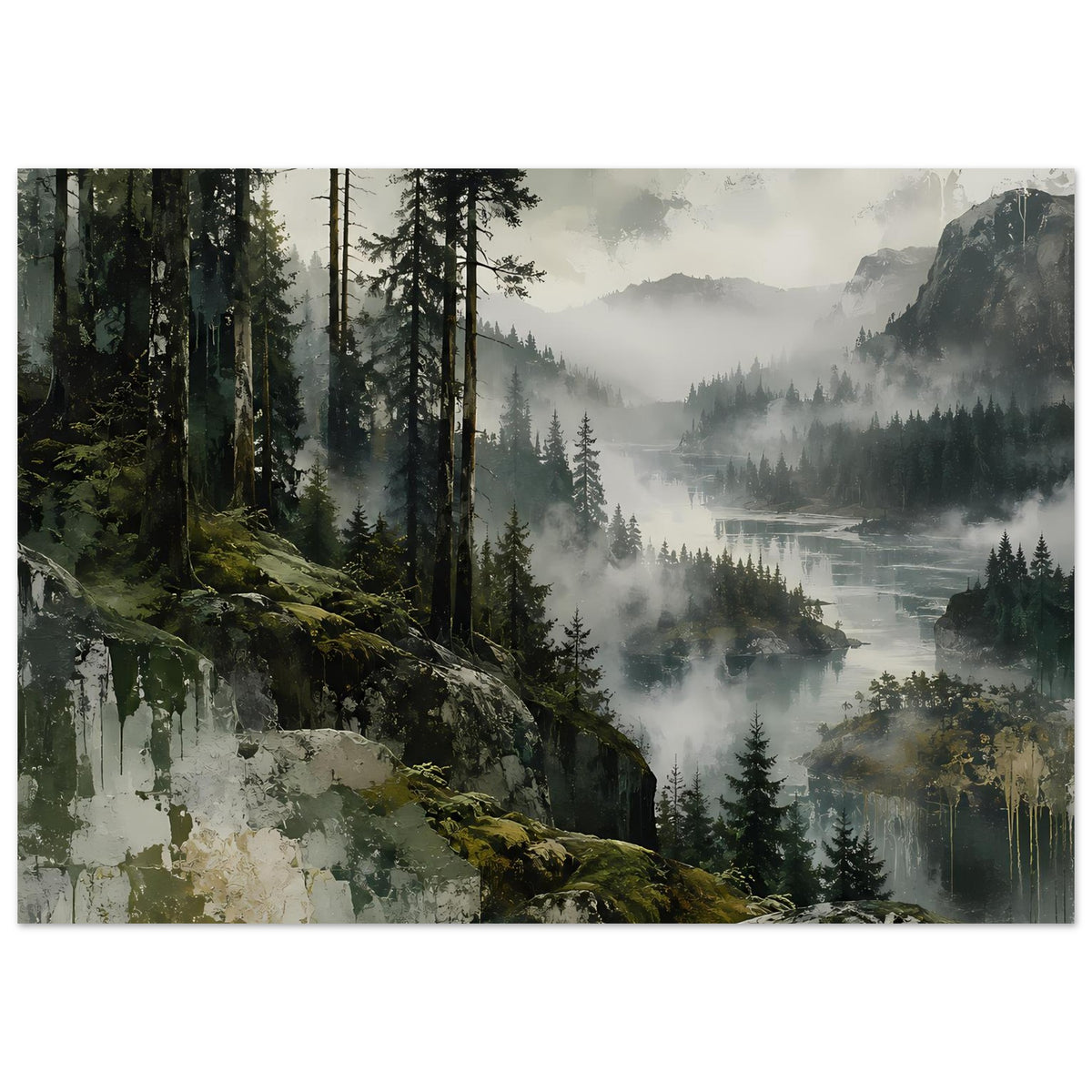 Querformat-Poster: Waldhang, Nebel über dem Fluss, Berge im Hintergrund