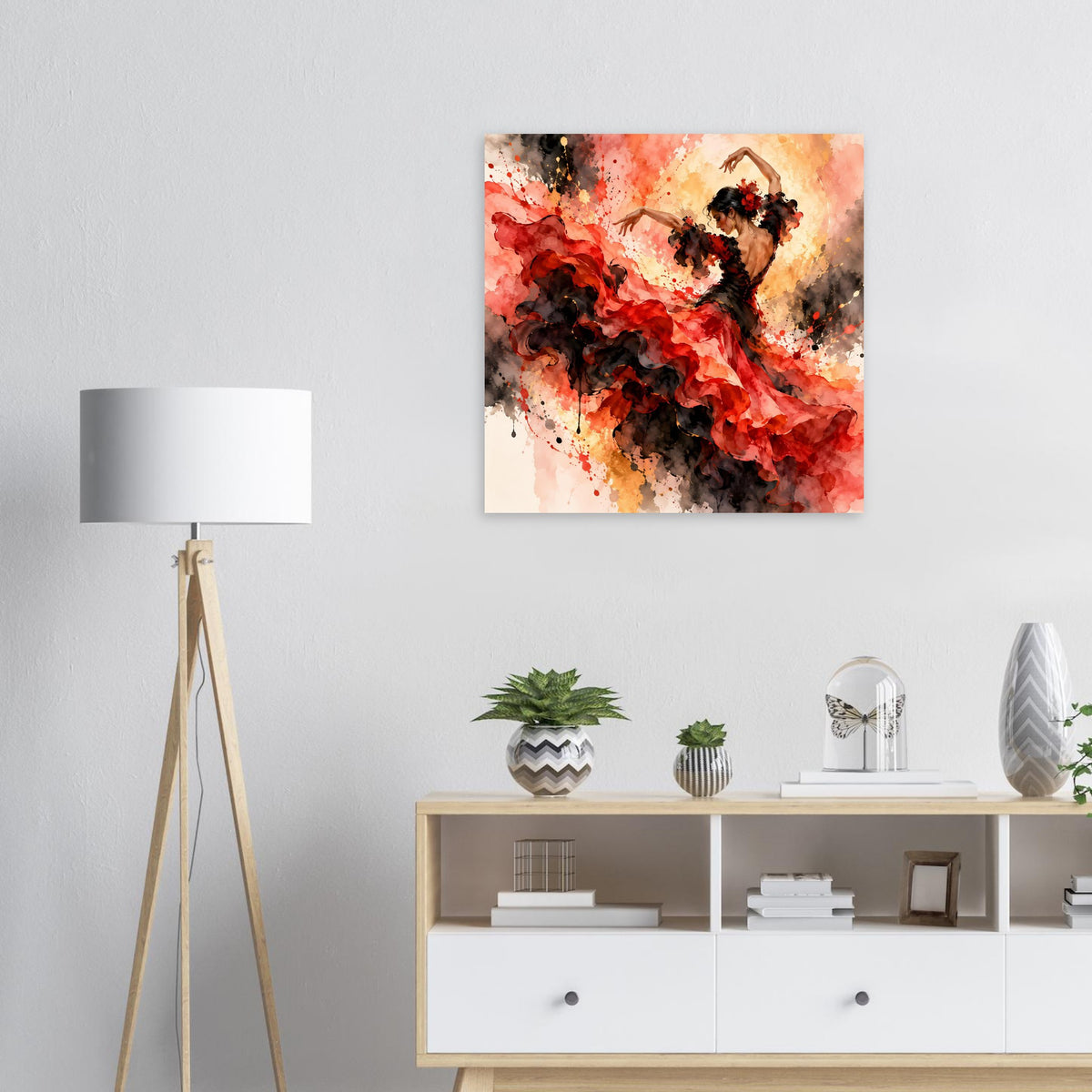 Quadratisches Poster mit Flamenco-Tänzerin in Rot und Schwarz, aus Farbklecksen