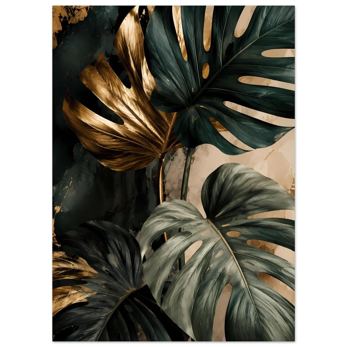 Monstera-Blätter-Poster: dunkelgrüne Blätter mit goldenen Akzenten