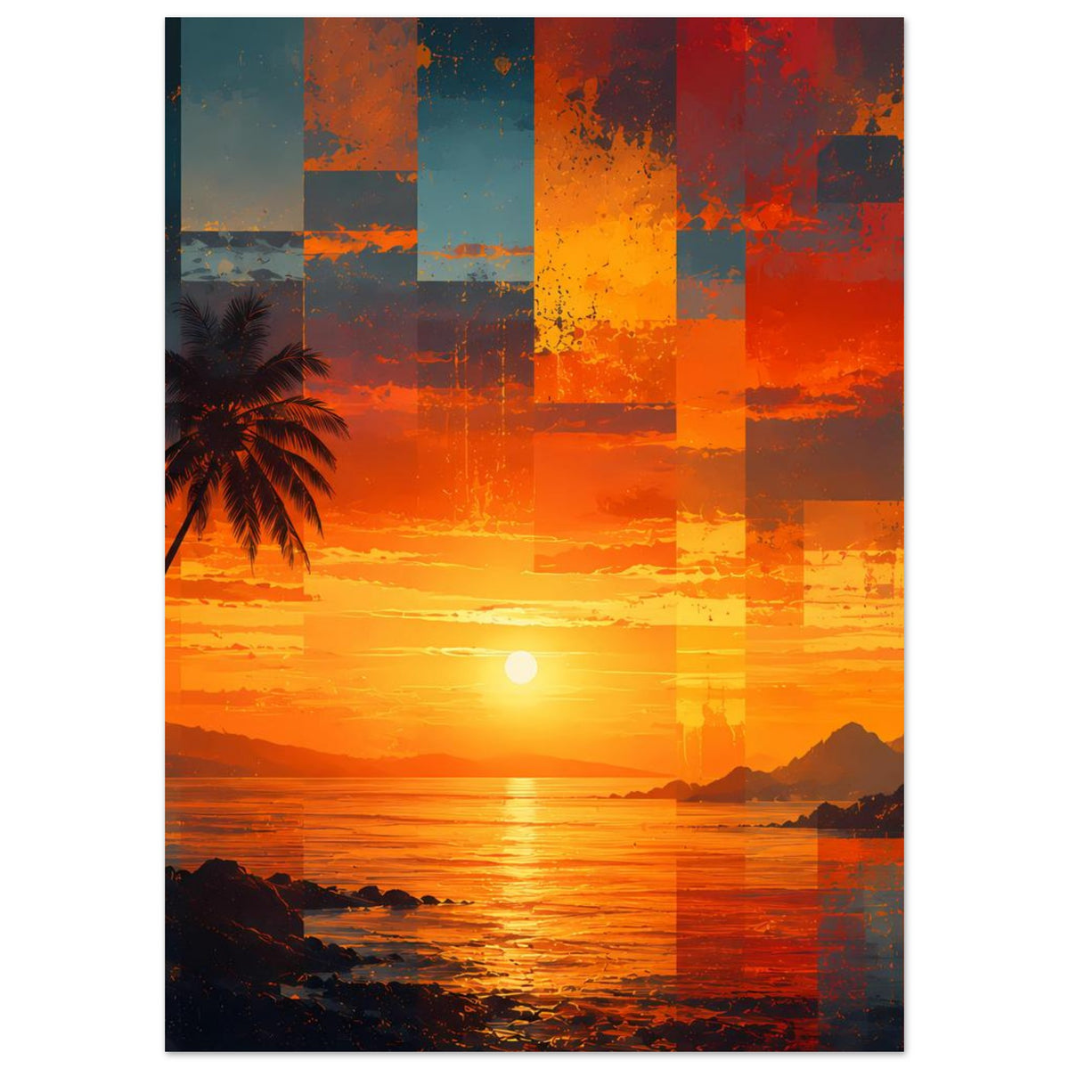 Kunstposter im Hochformat mit tropischem Sonnenuntergang, Palmen-Silhouette und buntem Quadrat-Muster