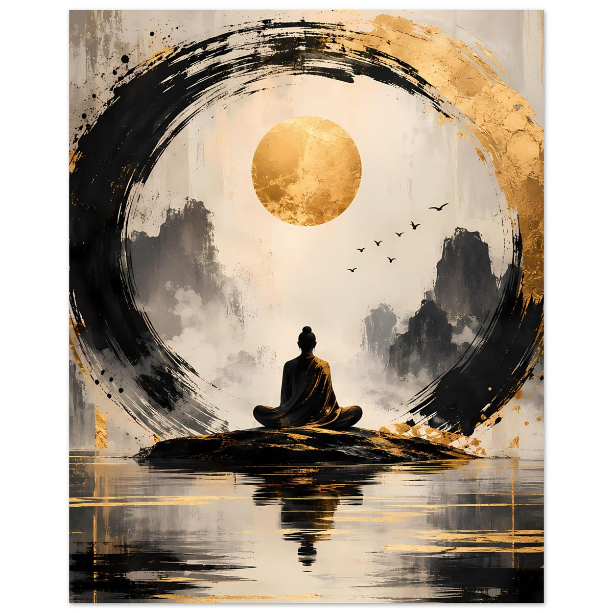 Zen-Kunstposter: Meditationsfigur vor goldener Sonne, schwarzer Kreis, Vögel im Hintergrund