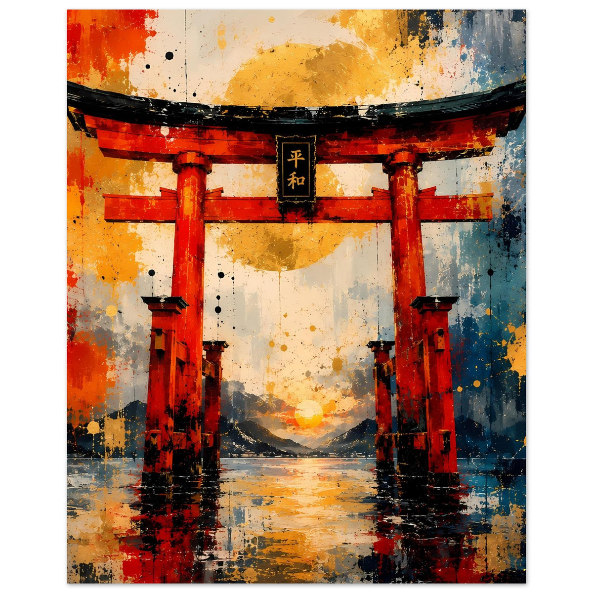Torii-Tor Poster im Hochformat: rotes Tor, schwarzes Dach, goldene Wolken und tropfende Farbe