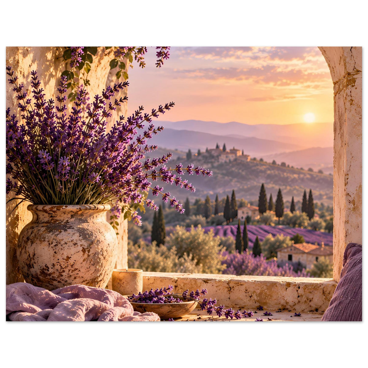 Lavendelblumen-Poster mit Steinbalkon, Vase und Sonnenuntergang; lila Blüten am Rand