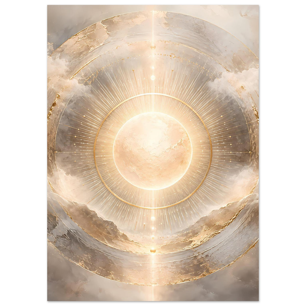 Kosmos-Poster im Hochformat: strahlende Sonne, goldene Ringe und feine Lichtspeichen