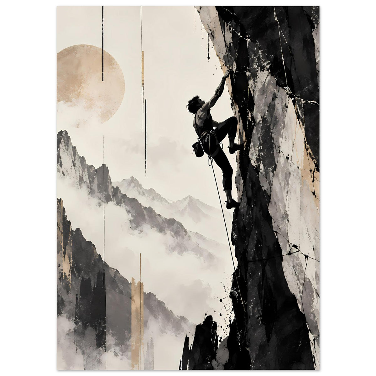 Kunstposter: Bergsteiger am Kletterseil vor schroffen Felsen, Nebelberge in Hellgrau