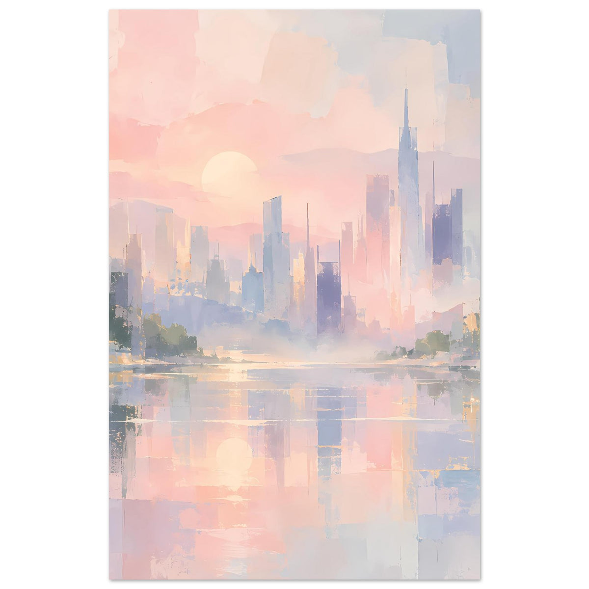 Abstraktes Poster mit pastellfarbener City-Skyline und spiegelndem Wasser, hochformat