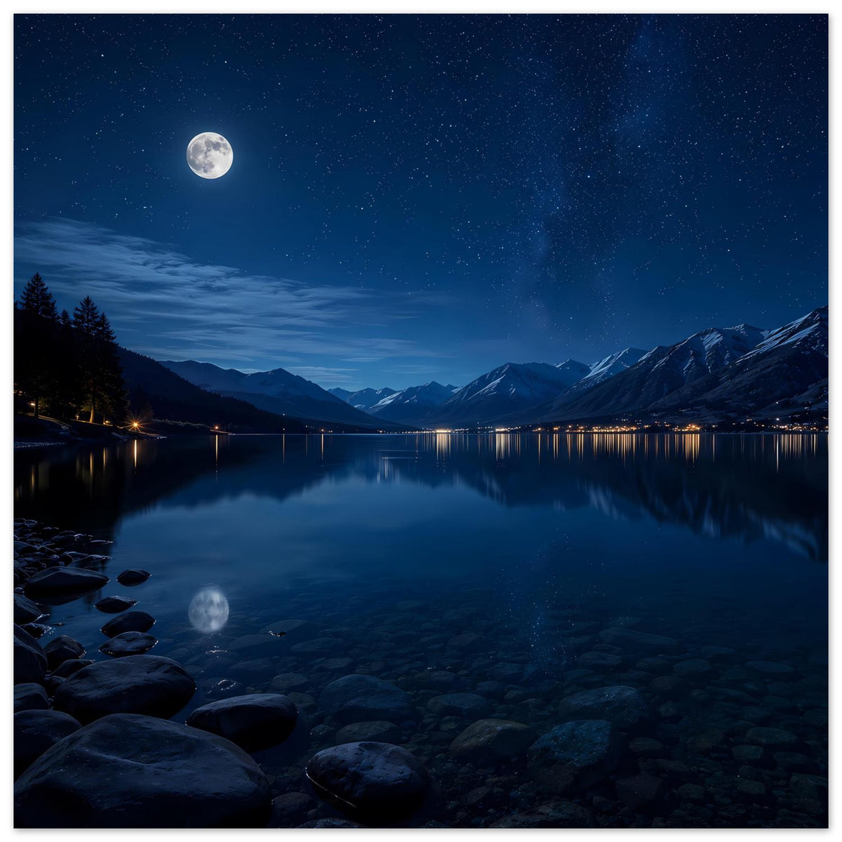 Poster mit Mond über Bergsee, sternenklarem Himmel, Bergkette und Ufer mit Steinen