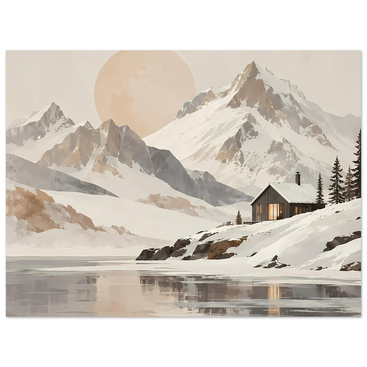 Poster mit schneebedeckten Bergen, Chalet und spiegelndem Gewässer, neutrale Palette