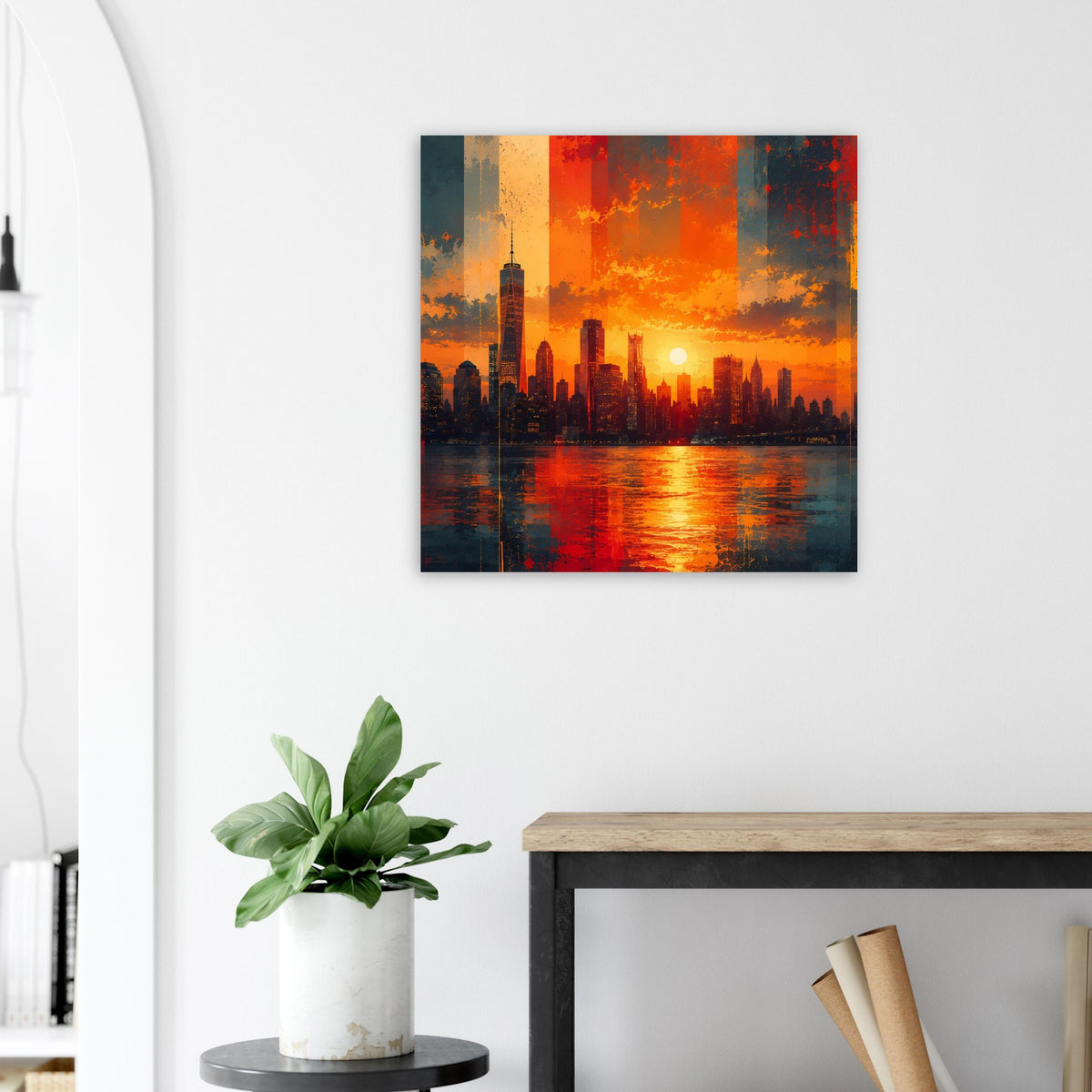 Quadratisches Poster mit Skyline im Sonnenaufgang-Look, rotes Wasser und goldener Lichtschein