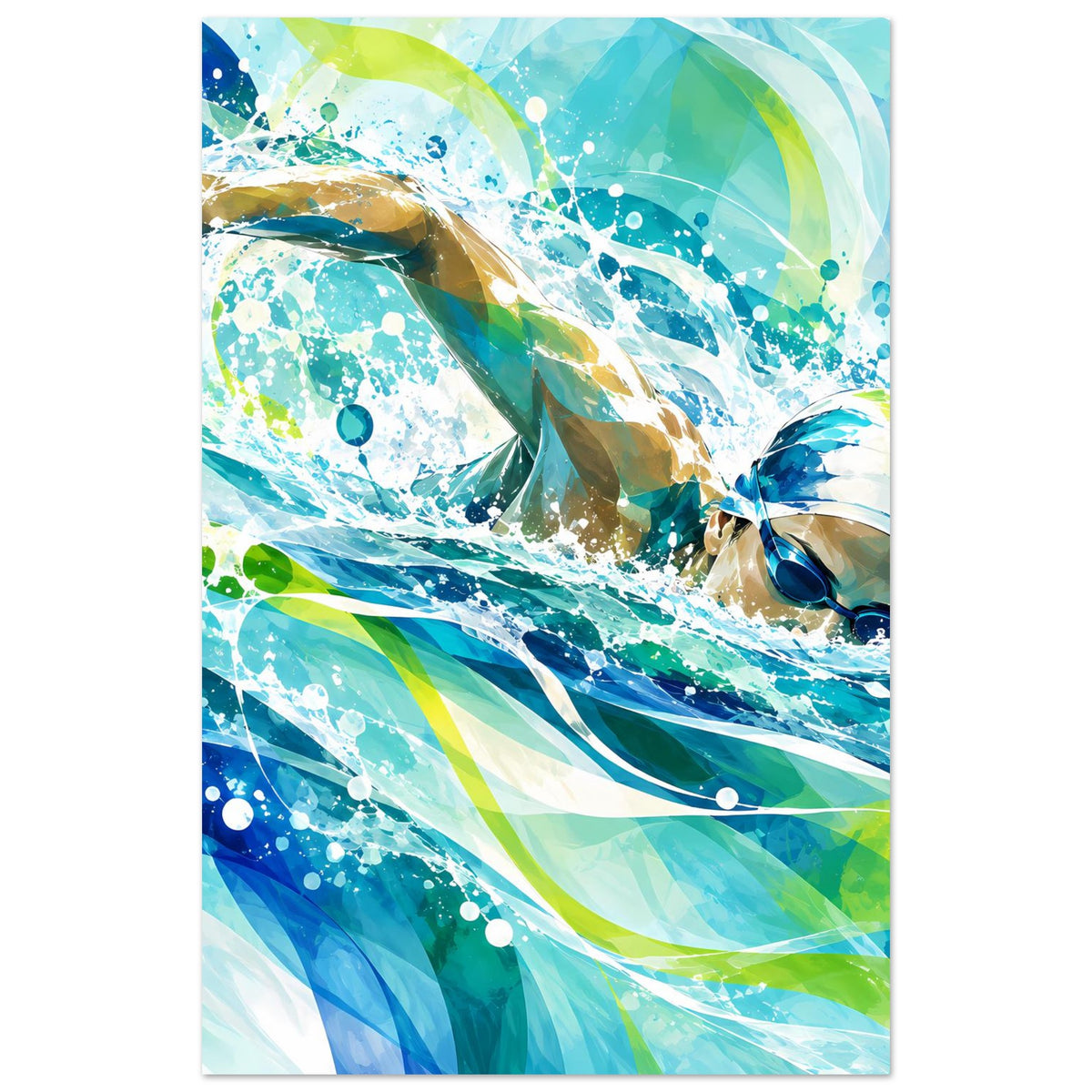 Hochformat-Poster mit abstraktem Schwimmer in blaugrüner Welle mit Spritzern