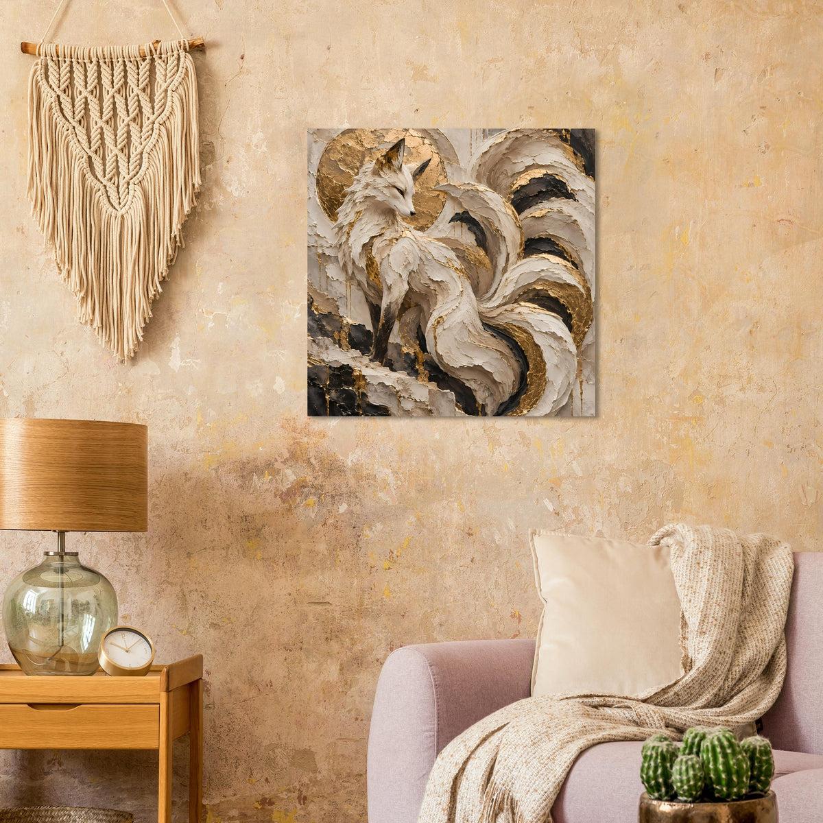 Quadratisches Fuchs-Kunstposter mit feinen Pinselstrukturen in Gold, Beige und Schwarz