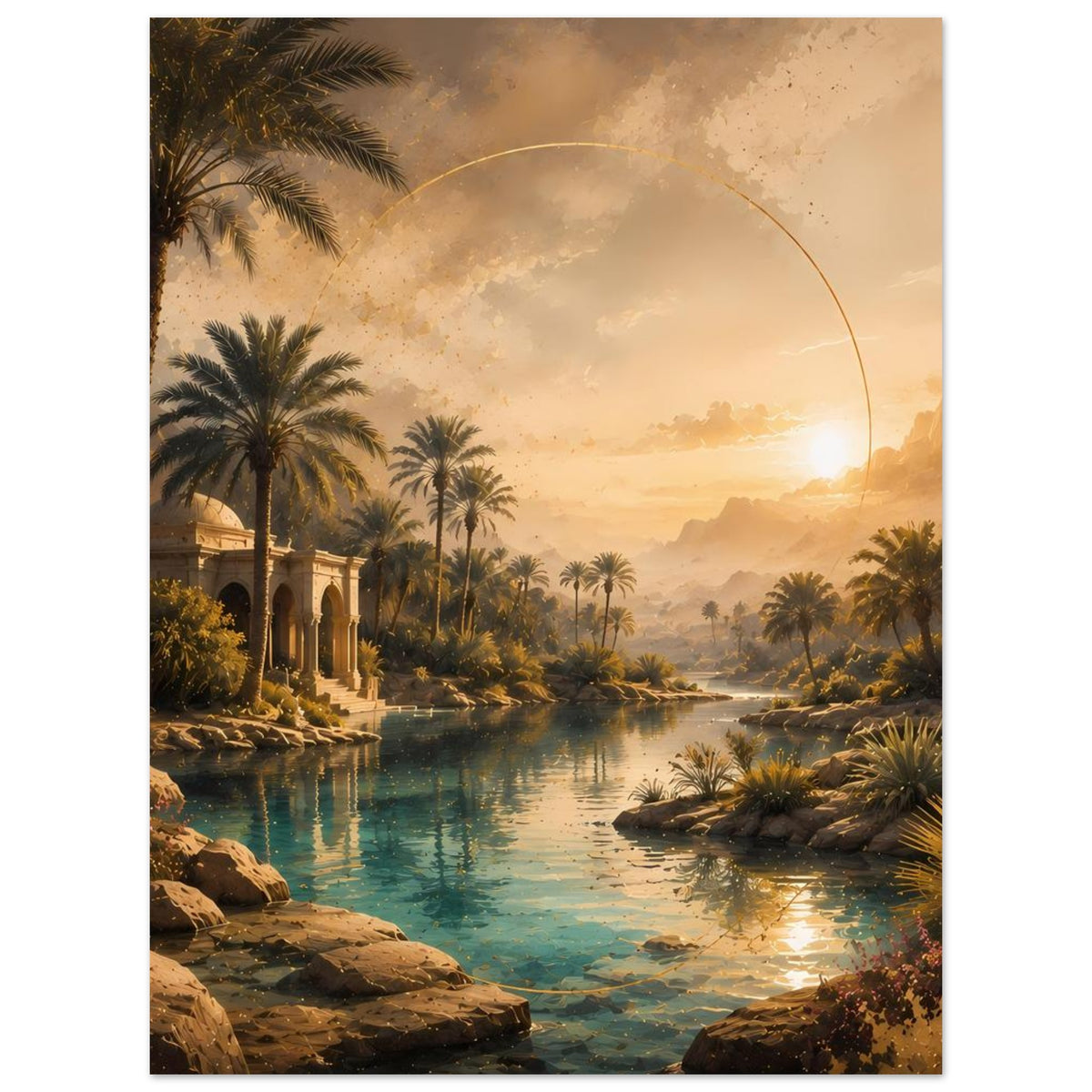 Vertikales Poster mit tropischem See, Palmen und orientalischem Pavillon im Vordergrund